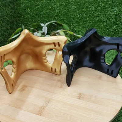 3D-printed Higgs Mask from Death Stranding in gold or black ABS. Durable and wearable for cosplay or display.