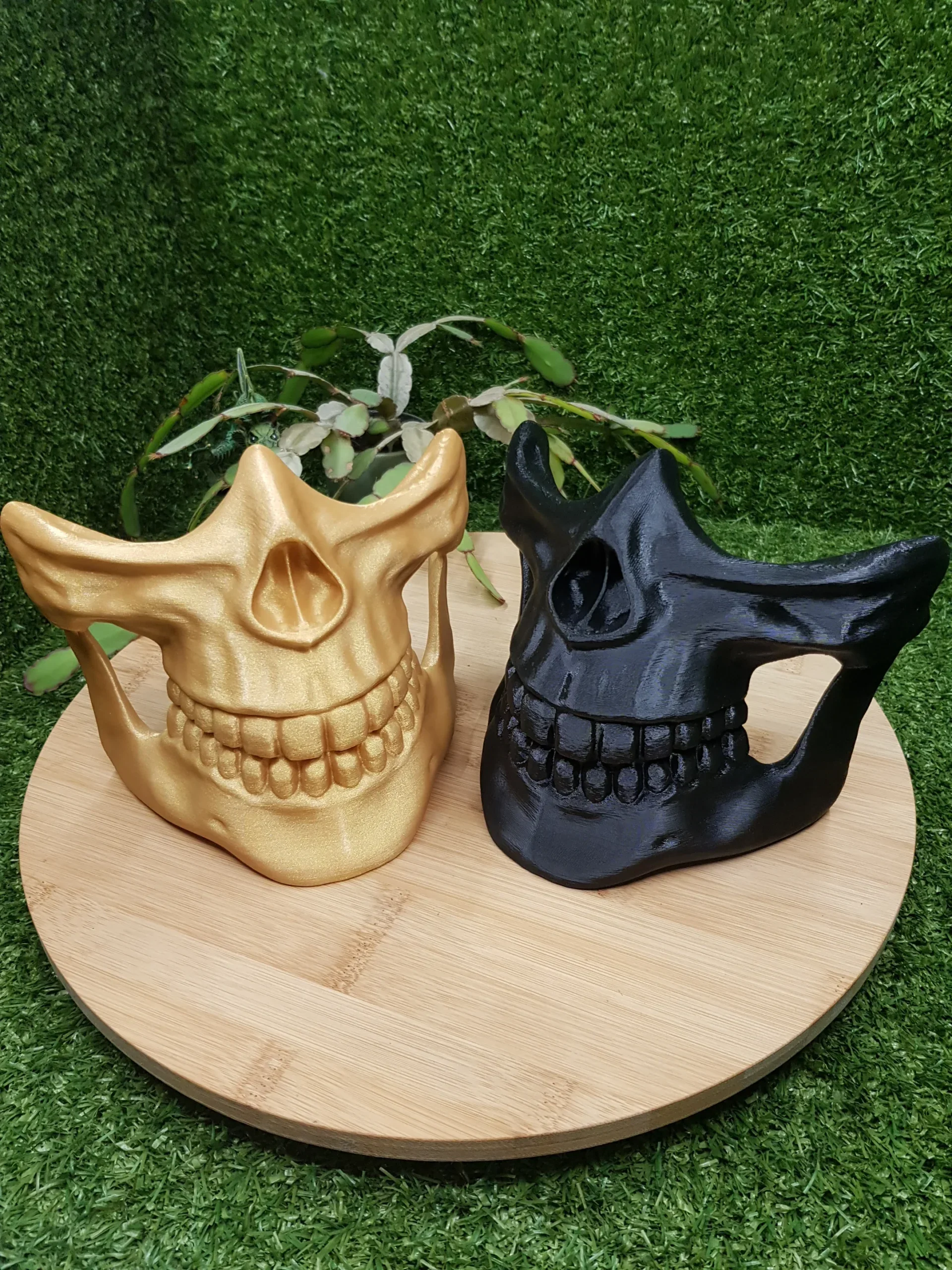 3D-printed Higgs Mask from Death Stranding in gold or black ABS. Durable and wearable for cosplay or display.