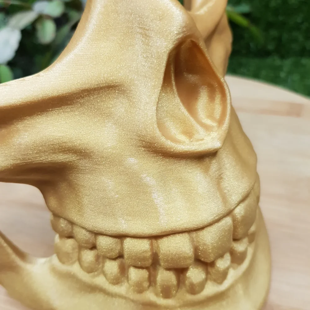 3D-printed Higgs Mask from Death Stranding in gold or black ABS. Durable and wearable for cosplay or display.