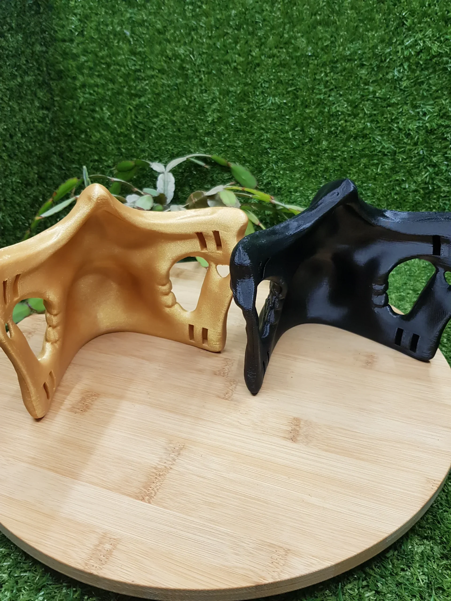 3D-printed Higgs Mask from Death Stranding in gold or black ABS. Durable and wearable for cosplay or display.