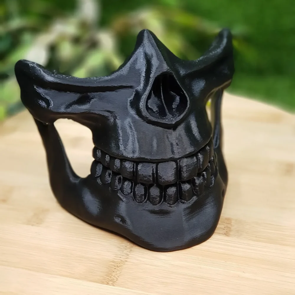 3D-printed Higgs Mask from Death Stranding in gold or black ABS. Durable and wearable for cosplay or display.