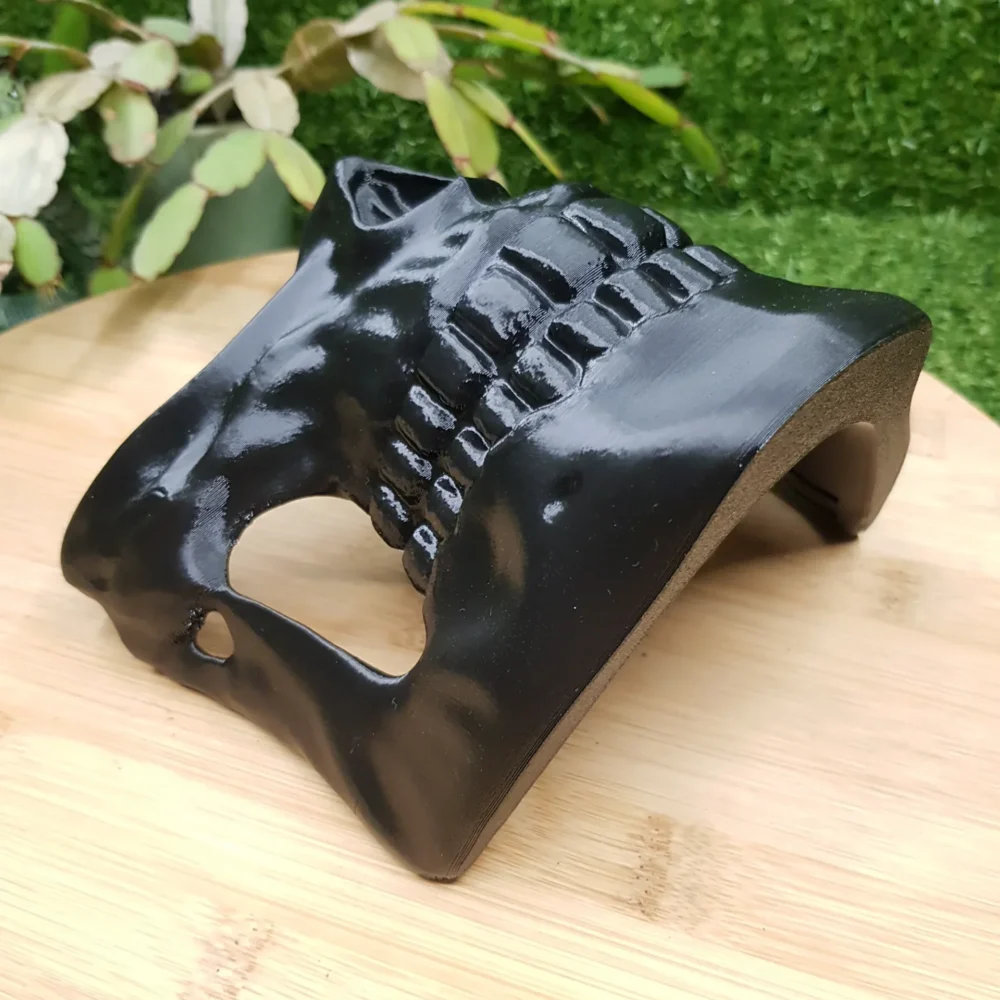 3D-printed Higgs Mask from Death Stranding in gold or black ABS. Durable and wearable for cosplay or display.