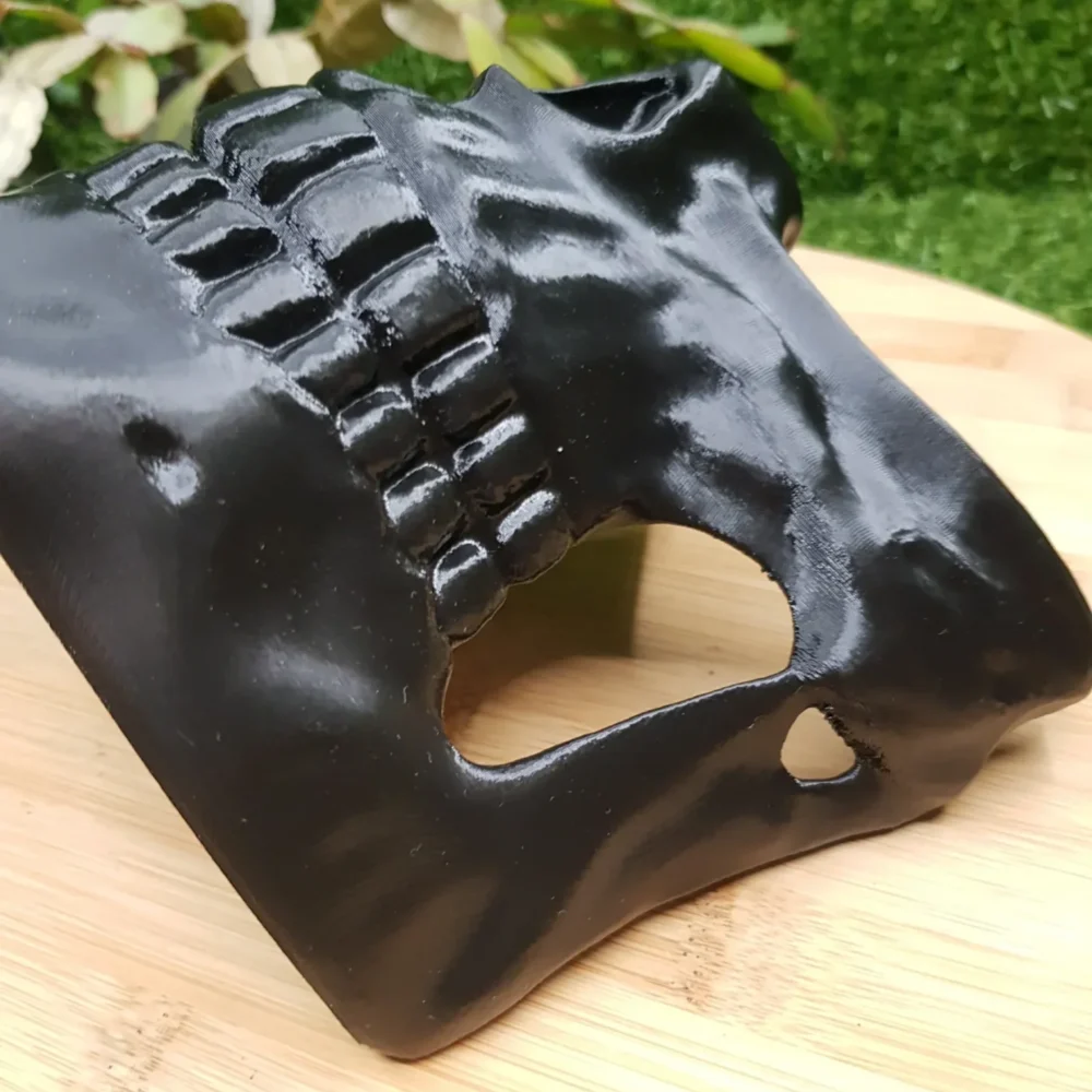 3D-printed Higgs Mask from Death Stranding in gold or black ABS. Durable and wearable for cosplay or display.