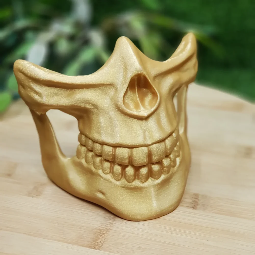 3D-printed Higgs Mask from Death Stranding in gold or black ABS. Durable and wearable for cosplay or display.