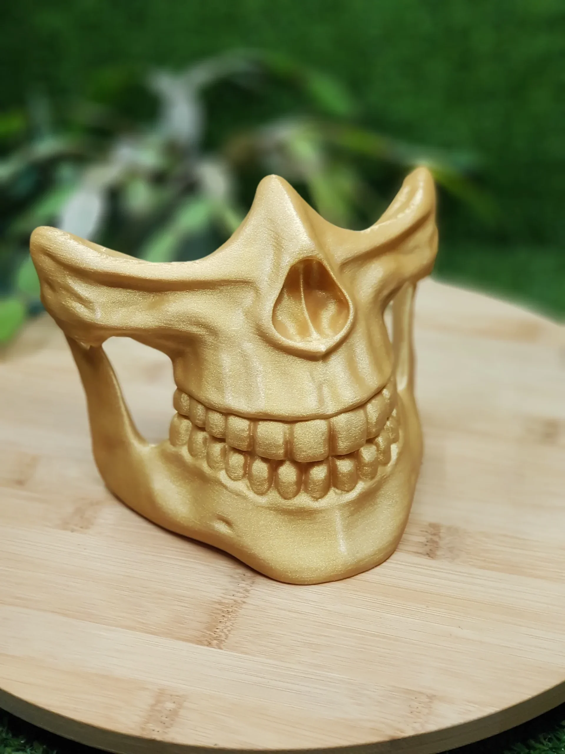 3D-printed Higgs Mask from Death Stranding in gold or black ABS. Durable and wearable for cosplay or display.