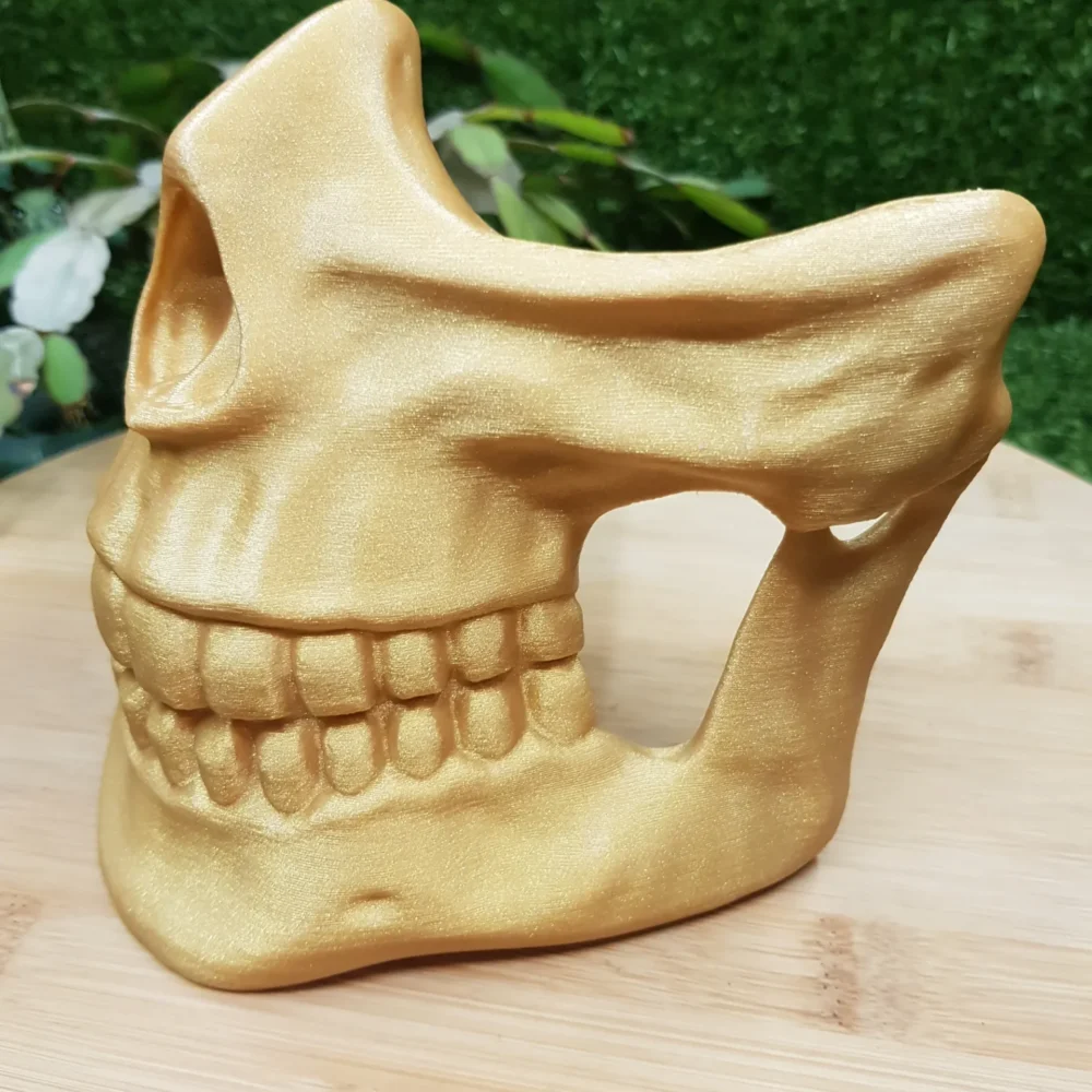 3D-printed Higgs Mask from Death Stranding in gold or black ABS. Durable and wearable for cosplay or display.