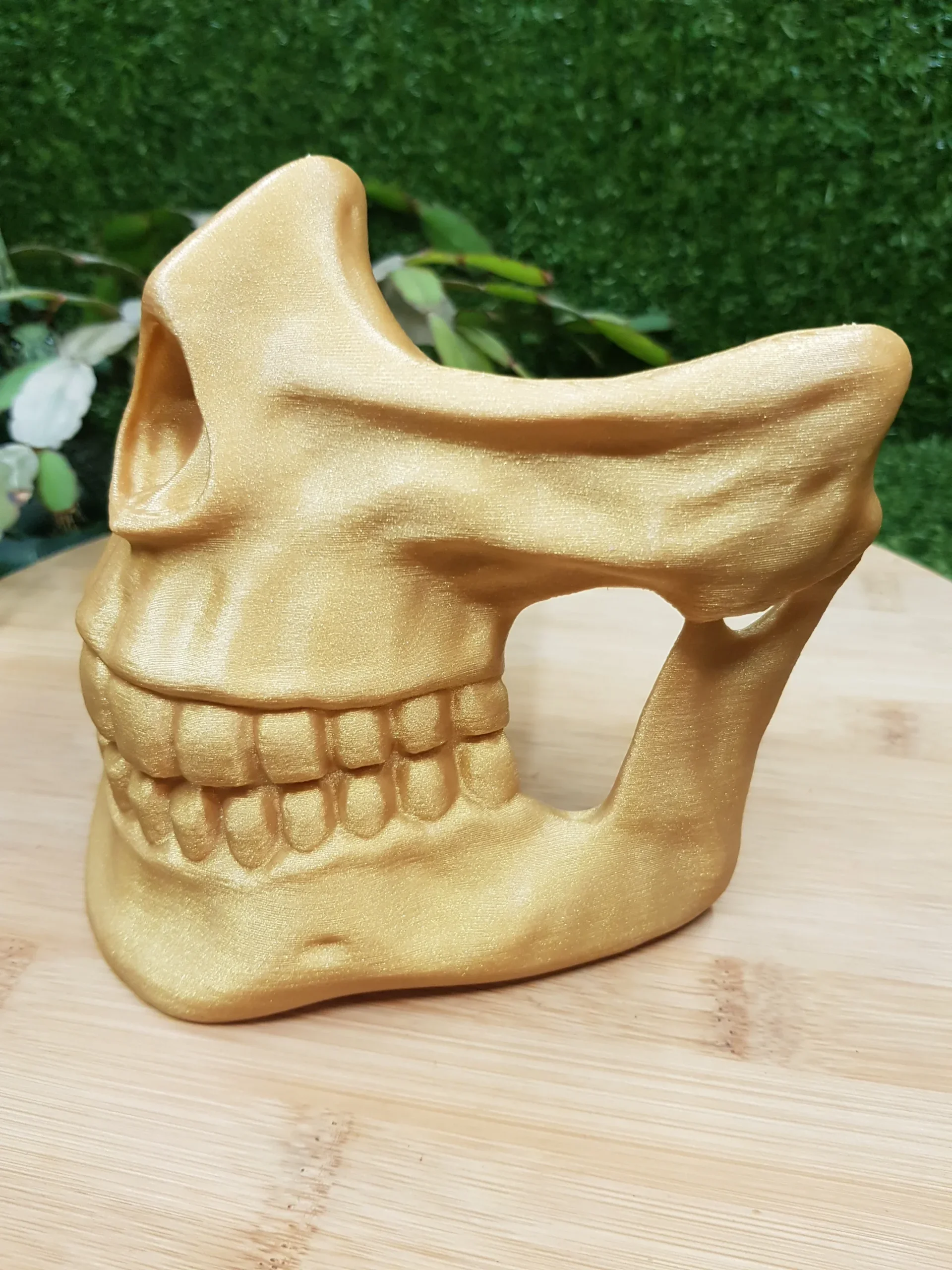 3D-printed Higgs Mask from Death Stranding in gold or black ABS. Durable and wearable for cosplay or display.