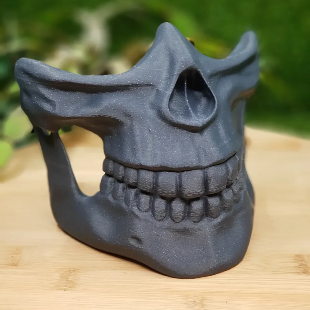 Wearable 3D-printed Higgs Skull Mask inspired by Death Stranding. Made from durable ASA with miscolored lines.