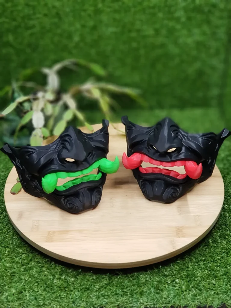 Japanese Oni Mask – black with coloured teeth, 3D printed in ABS – view 1