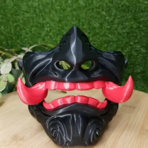 Japanese Oni Mask – black with coloured teeth, 3D printed in ABS – view 3