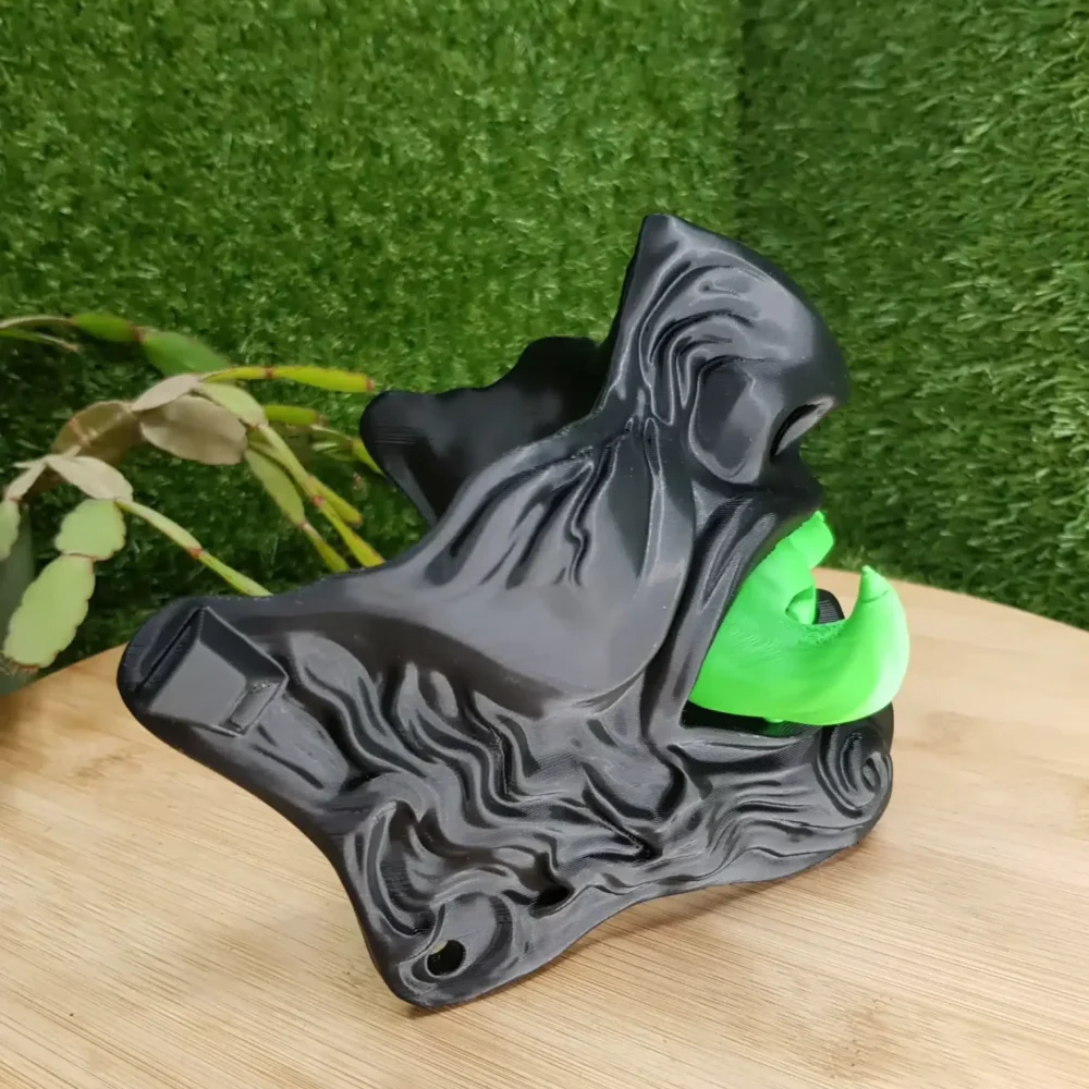 Elevate your style with this wearable 3D-printed Japanese Oni mask, made from durable black, green or red ABS for a bold,