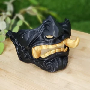Japanese Oni Mask in black and gold, 3D printed in ABS