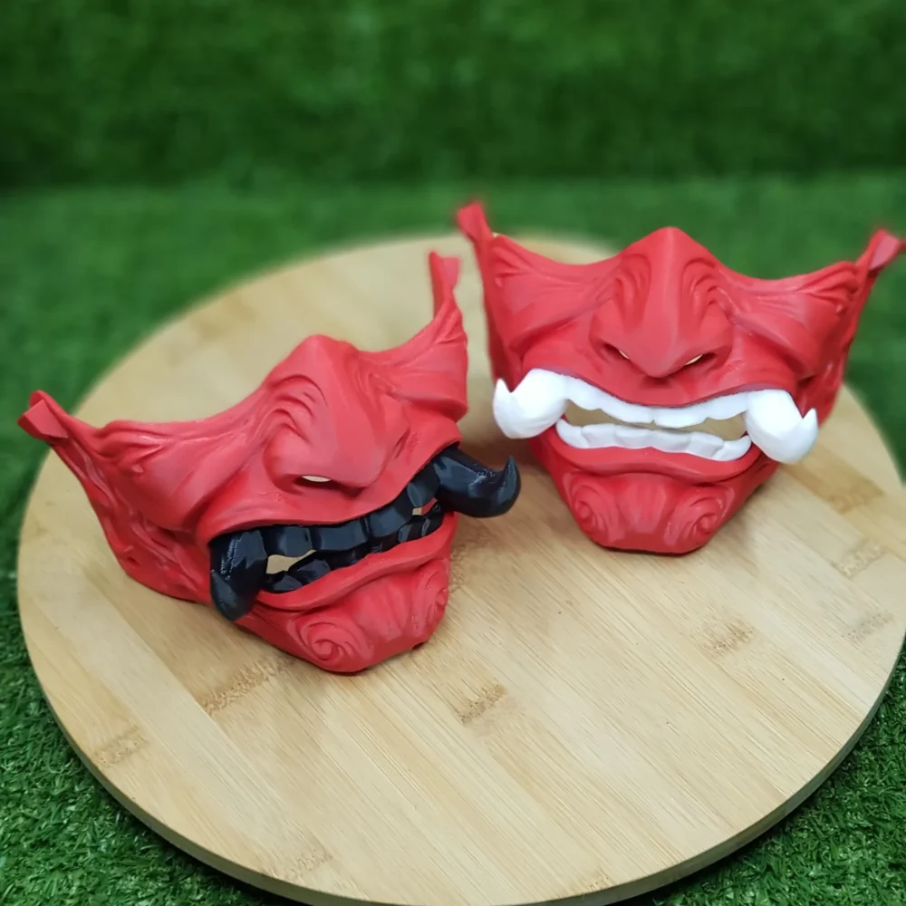 3D Printed Japanese Oni Mask – Red With Black White Teeth 1