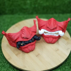 3D Printed Japanese Oni Mask – Red With Black White Teeth 1