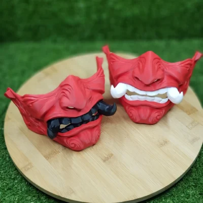 3D Printed Japanese Oni Mask – Red With Black White Teeth 1