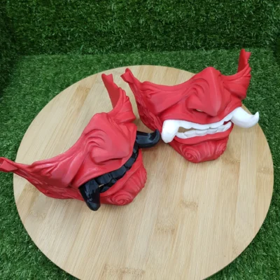 3D Printed Japanese Oni Mask – Red With Black White Teeth 2