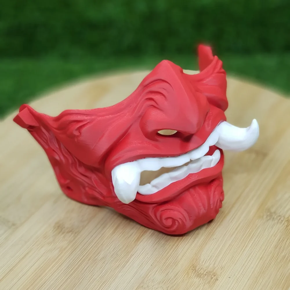 3D Printed Japanese Oni Mask – Red With Black White Teeth 3