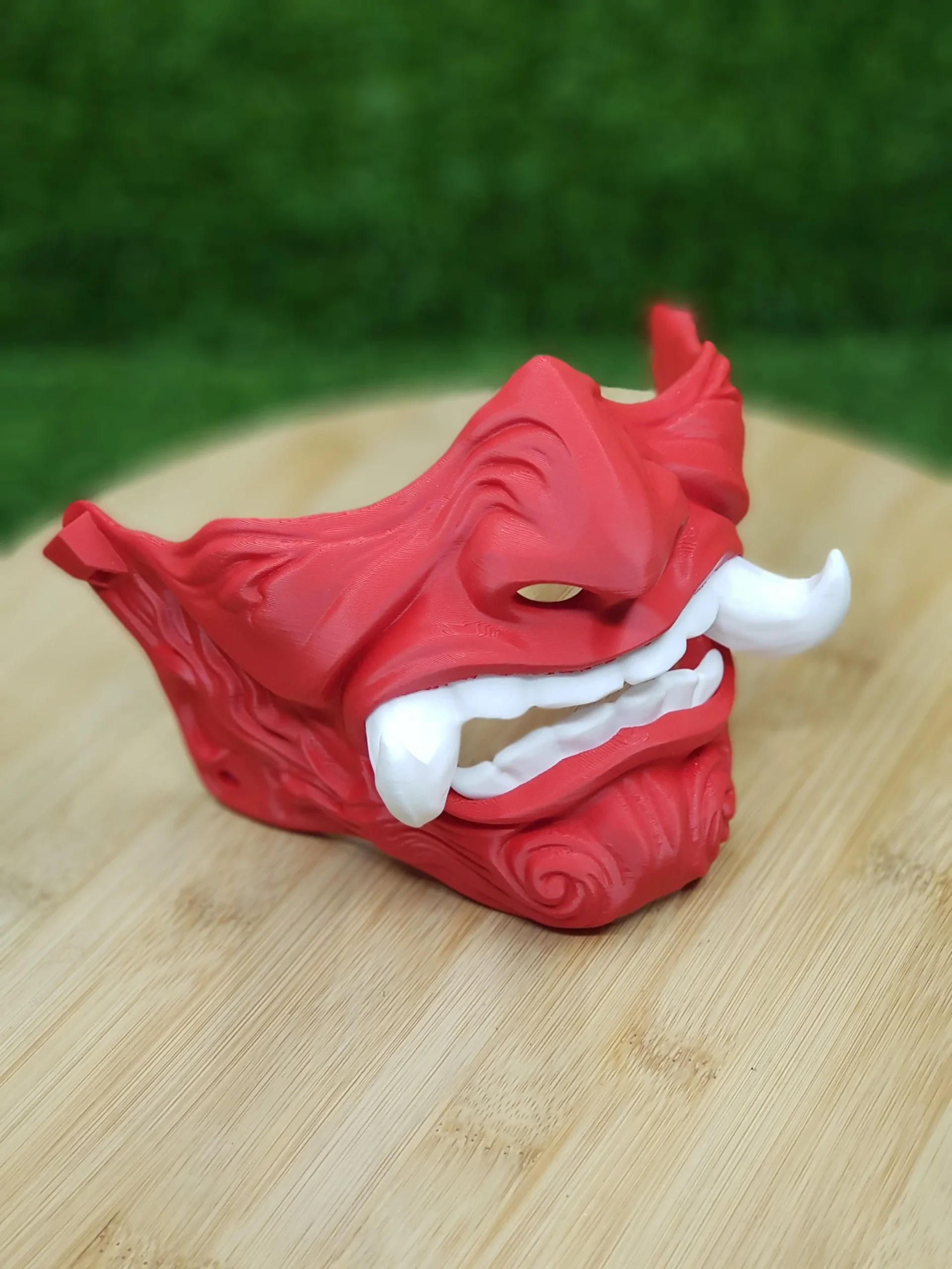 3D Printed Japanese Oni Mask – Red With Black White Teeth 3