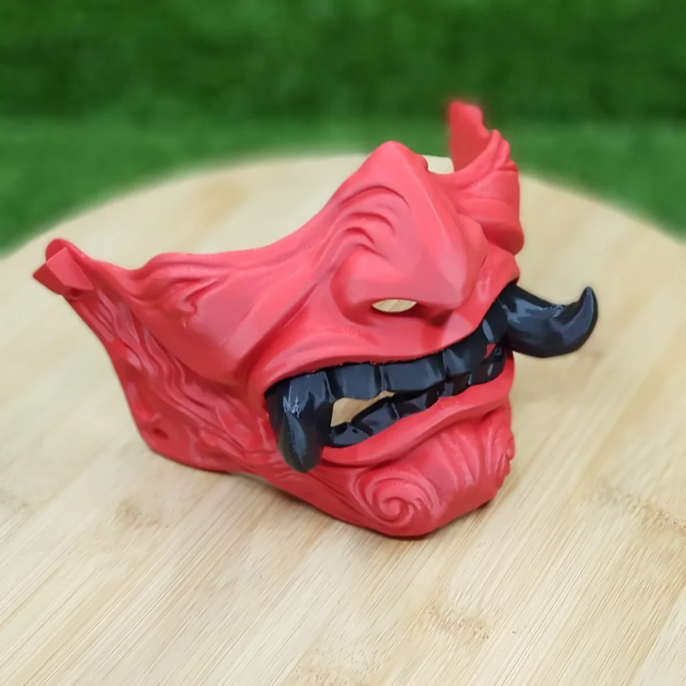 3D Printed Japanese Oni Mask – Red With Black White Teeth 4