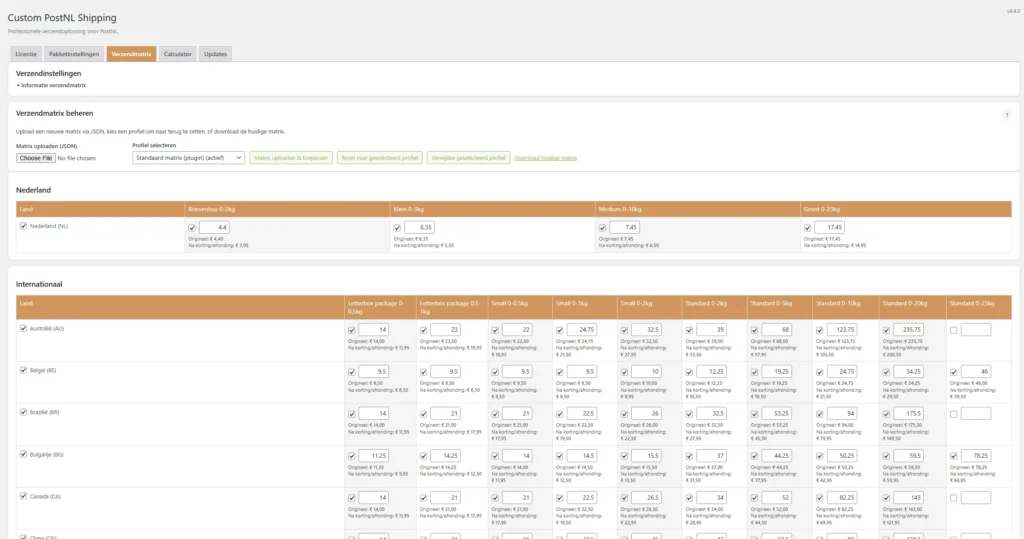 Custom PostNL Verzend Plugin – verzendmatrix met tarieven per land en pakketklasse