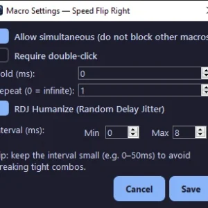 Custom Macro Binder screenshot – macro settings (Speed Flip Right)