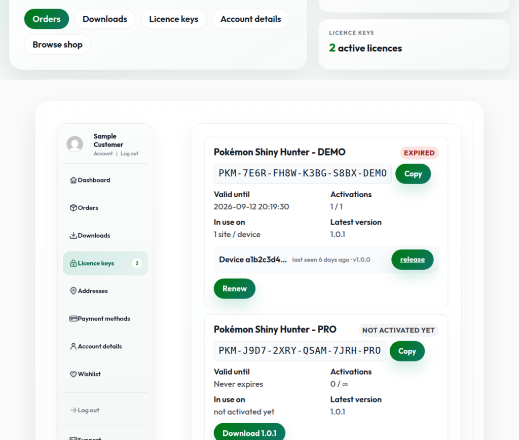 SLUM – the customer's licenses under My Account