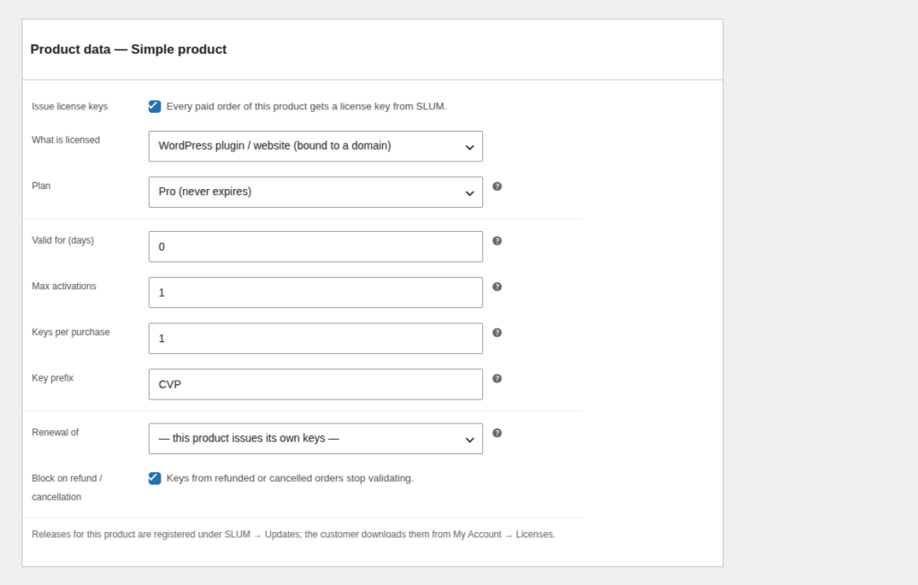 SLUM – license policy on a WooCommerce product